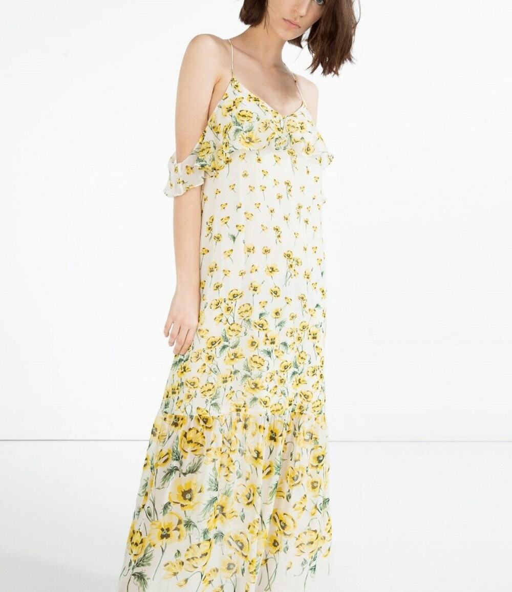 Zara White Yellow Cold Shoulder Floral Scoop Neck Cami Cross Back Midi Dress S
